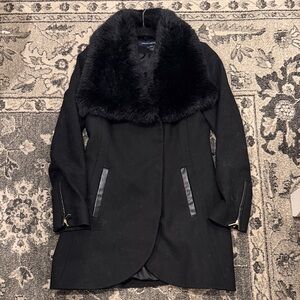 French Connection Black Fur-Trimmed Pea Coat